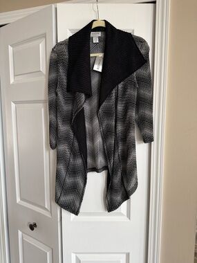 Chico's Black and White Draped Open-Front Cardigan